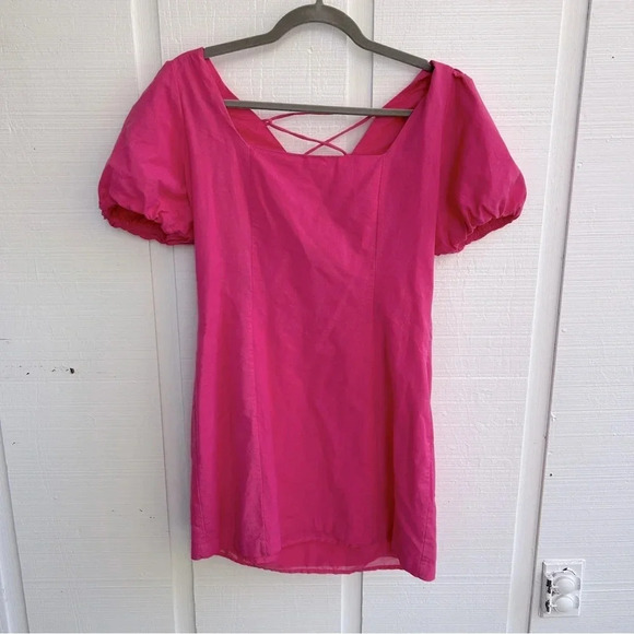 Cottagecore Pink 100% Cotton Puffed Sleeve Fit & Flare Lace-Up Back Mini Dress M - Picture 1 of 9
